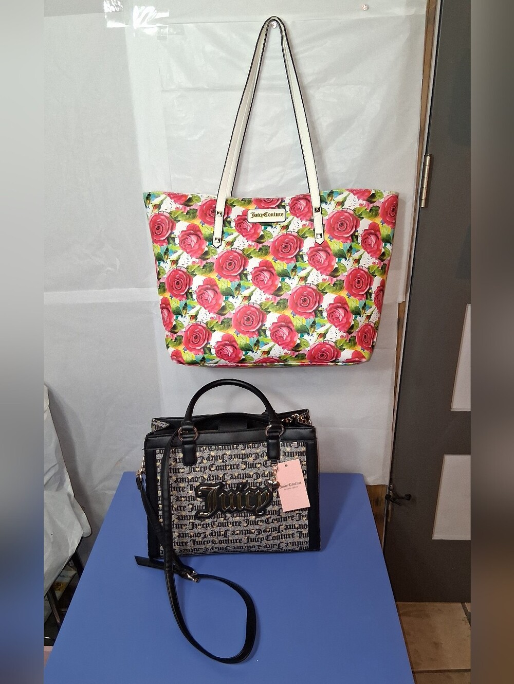 Juicy Couture Floral Pink Rose Tote and Black Logo Satchel BUNDLE!
